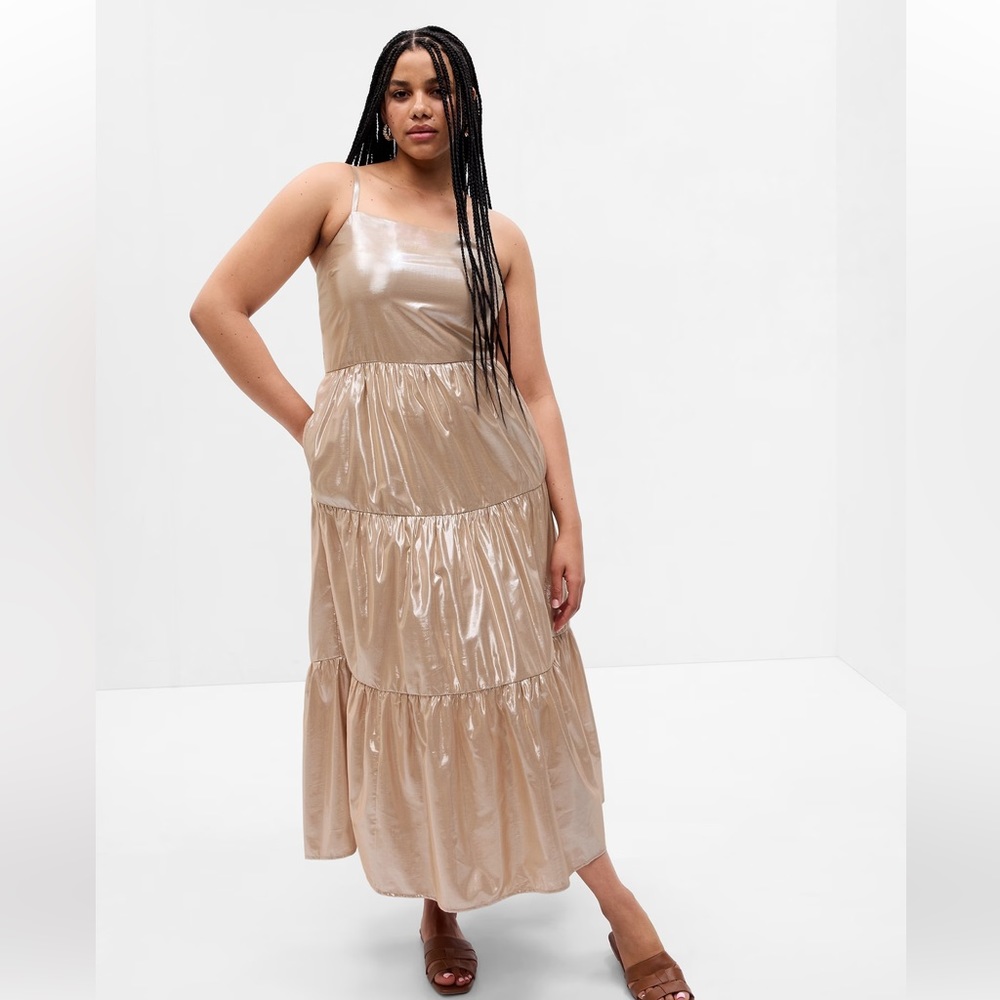 COPY - NWT, SMALL (small), metallic gold Tie-Back Tiered Maxi Dress